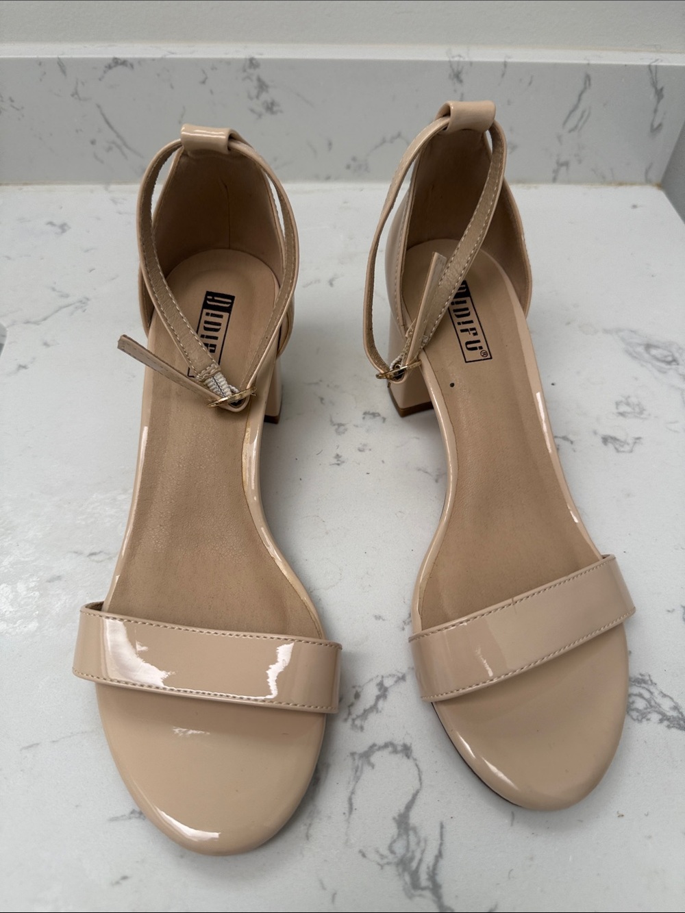 IDIFU Nude Patent Ankle-Strap Block Heel Sandals